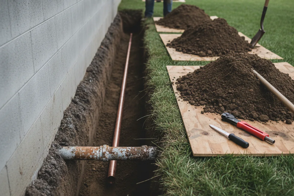 Excavated water line trench during Sewer Line Repair in Maxton